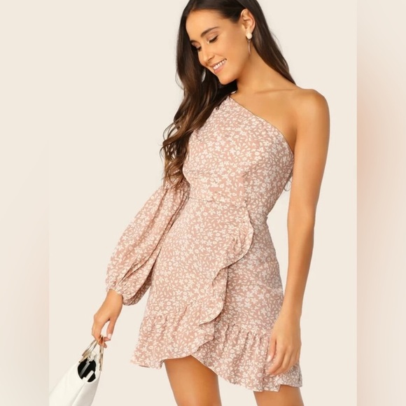 Ditsy Floral One Shoulder Lantern Sleeve Ruffle Dress - Picture 1 of 8